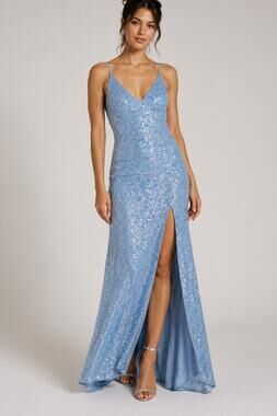 Ryanth Sequin Dress High Slit Formal Gown Blue 4